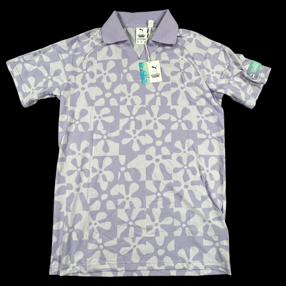 Puma x SpongeBob SquarePants Polo Mens S Vivid Violet All Over Print Shirt NEW